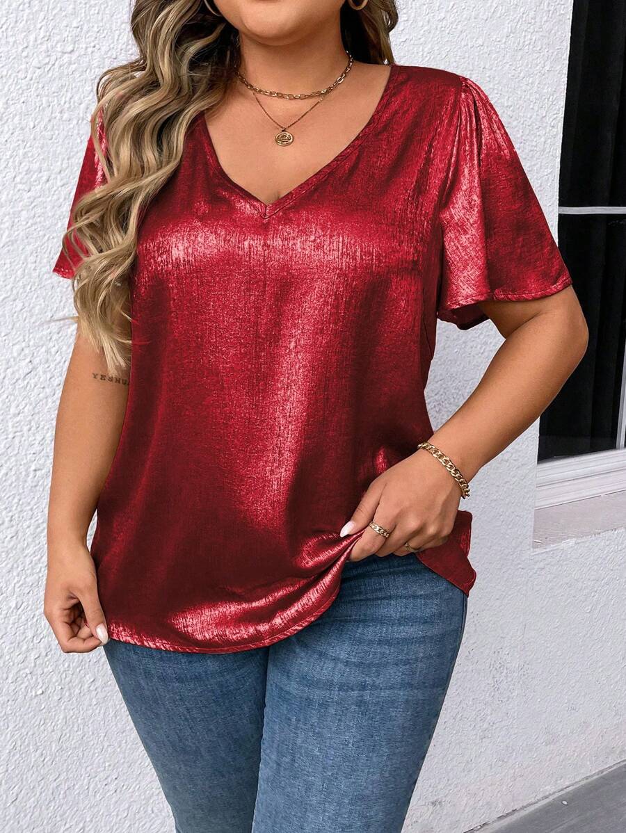 SHEIN LUNE 大码女式 V 领短袖宽松休闲衬衫新年衣服 - 紅色 - 查看 1