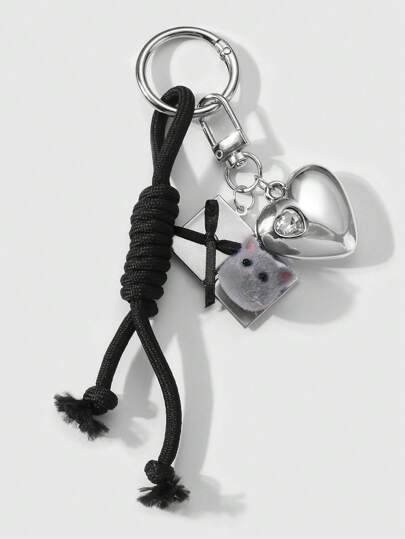 Kawaii 1pc Ins Aesthetic Gothic Elegant Silver Crystal Heart Gray Flocked Bow Cat Pendant Adjustable Rope DIY Keychain/Bag Charm, Suitable For Women/Girls Daily Wear, Holiday Gift