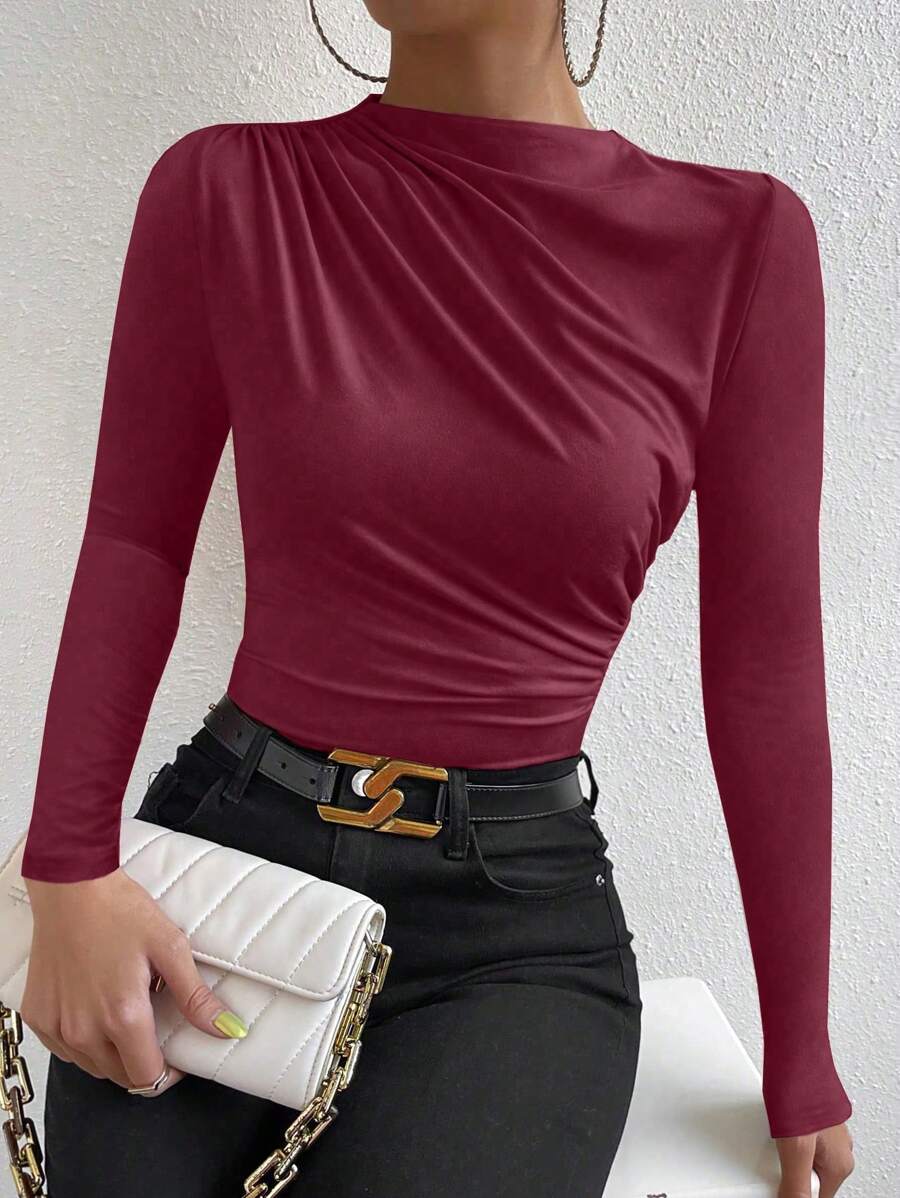 VaVaBold Mock Neck Ruched Tee Fall Cloth For Women - Burgundy - View 1