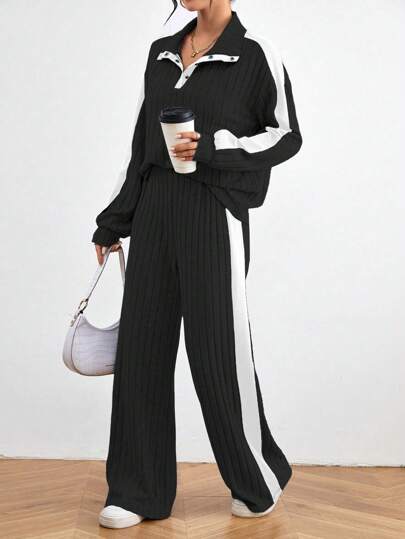 Chiquease 2 件套女士简约休闲长袖上衣和裤子套装，时尚日常穿着