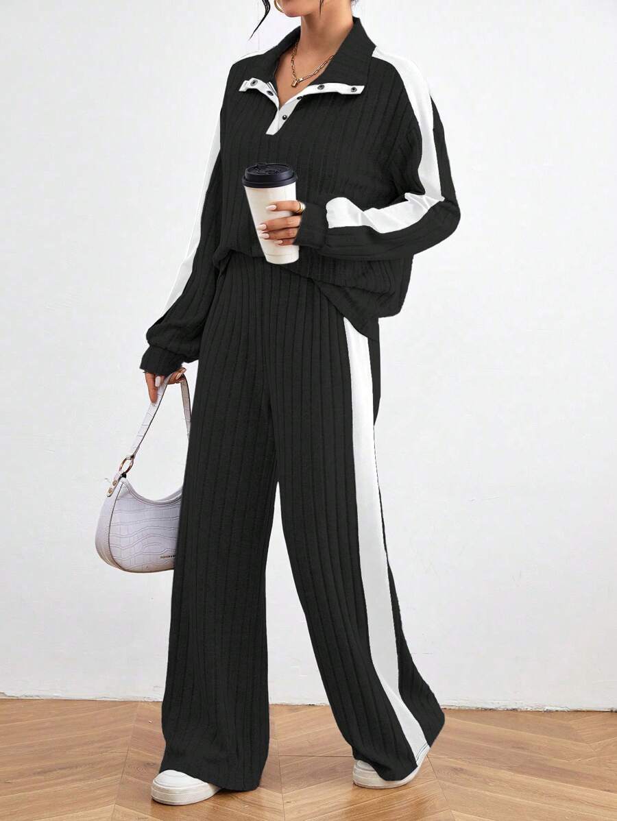 Chiquease 2pcs Women's Simple Casual Long Sleeve Top And Pants Set, Fashionable For Daily Wear Fall Cloth For Women - Black - View 1