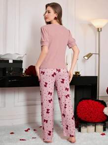 SHEIN 2pcs Set: Butterfly Print Puff Sleeve V-Neck Pajama Top And Wide Leg Pants - Dusty Pink - View 2