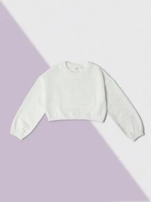 SUMWON Tween 女孩舒适绗缝纹理弹性下摆短款运动衫和慢跑裤 2 件套 - 白色 - 查看 2
