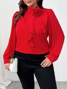 SHEIN Damska bluzka z kołnierzykiem z falbanką w rozmiarze plus size, ozdobiona kwiatami 3D, jesienna, noworoczna, walentynkowa