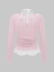 ROMWE Kawaii Himekaji 可爱粉色撞色蕾丝修身吊带二合一女式 T 恤