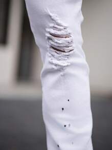Manfinity Homme Men's Casual Skinny Distressed Splatter Paint Denim Jeans - White - View 5