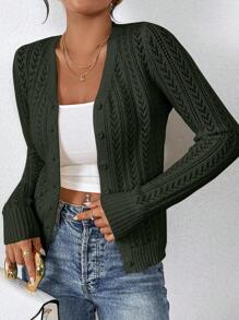 SHEIN Frenchy Women Solid Color Front Button Casual Versatile Long Sleeve Knit Thin Cardigan - Dark Green - View 1