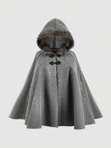 Flirla 大码女式秋冬带扣设计斗篷拼布毛绒连帽大衣