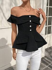 SHEIN Unity Blus Wanita Model Off-Shoulder dengan Kancing Mutiara Imitasi dan Bahan Tweed Elegan untuk Pesta dan Sehari-hari - Hitam - View 5