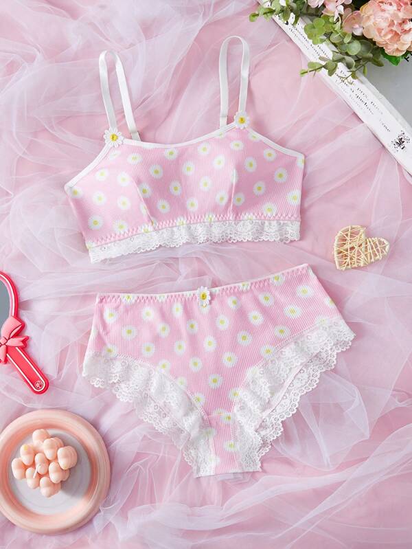 2 pièces/Set Ensemble de lingerie avec patchwork en dentelle et imprimé soleil pour fille