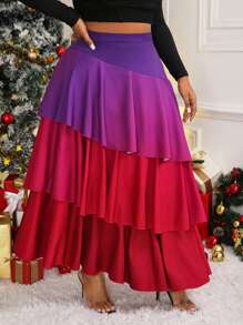Slaydiva Plus Size Women's High Waist Patchwork Multi-Layer Ruffle Gradient Color Midi Skirt, Fashionable - Multicolor - View 4