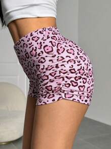 SHEIN EZwear 女式豹纹褶皱松紧腰休闲短裤 - 粉色 - 查看 6