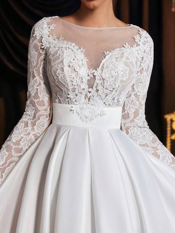 Glamrae Elegantă, superbă și luxoasă, cu mâneci lungi îmbinate cu dantelă florală albă, model de dantelă elastică cu tiv satinat, potrivită pentru petreceri solo, nunți, absolviri, petreceri de mireasă de sărbători, rochii de mireasă, rochie albă mică, mireasă