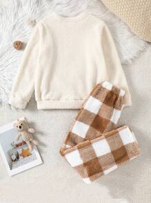 Tween Girl Autumn/Winter Cozy Fleece Top And Plaid Fleece Pants Loungewear Set, Fashionable And Versatile