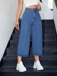 SHEIN EZwear 女士阔腿牛仔裤 - 藍色 - 查看 5