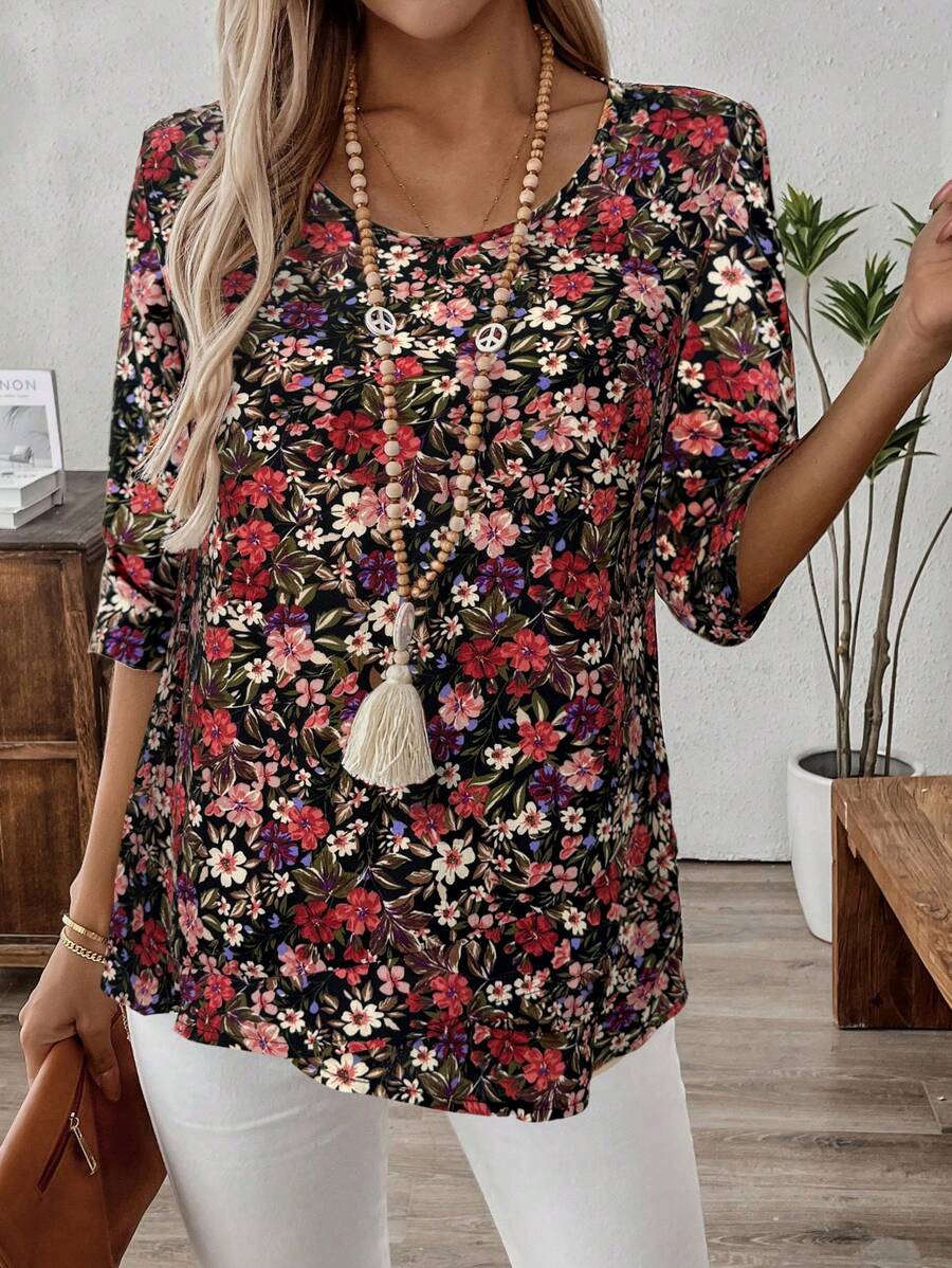 SHEIN LUNE Printed V-Neck Asymmetric Hem Shirt - Multicolor - View 1