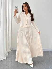 SHEIN Unity 2pcs Autumn Women Solid Color Lapel Long Sleeve Blazer Top And Pleated Skirt Set - Apricot - View 1