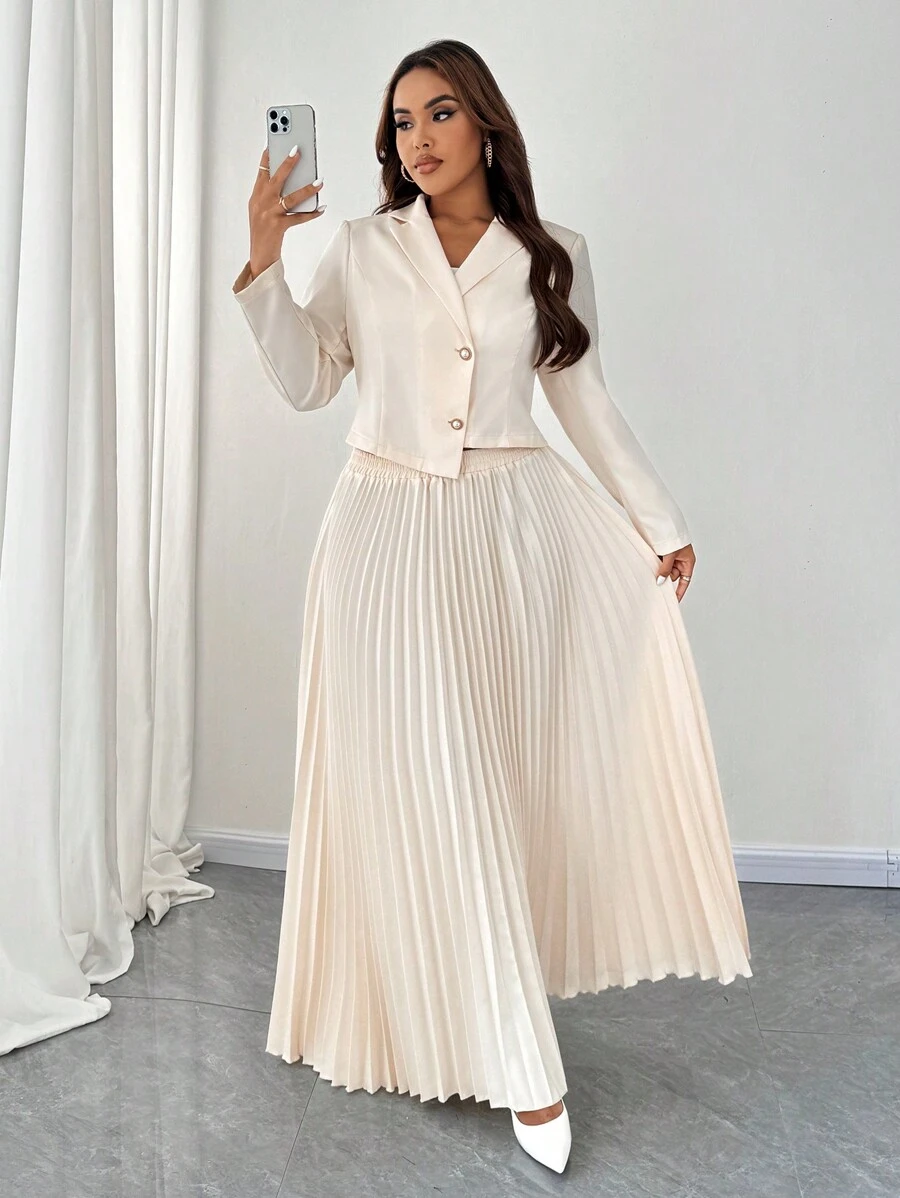 SHEIN Unity 2pcs Autumn Women Solid Color Lapel Long Sleeve Blazer Top And Pleated Skirt Set - Apricot - View 1