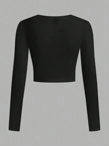 SHEIN Essnce 4 件豹纹黑白休闲简约图案圆领长袖短款紧身女式 T 恤 - 彩色 - 查看 6