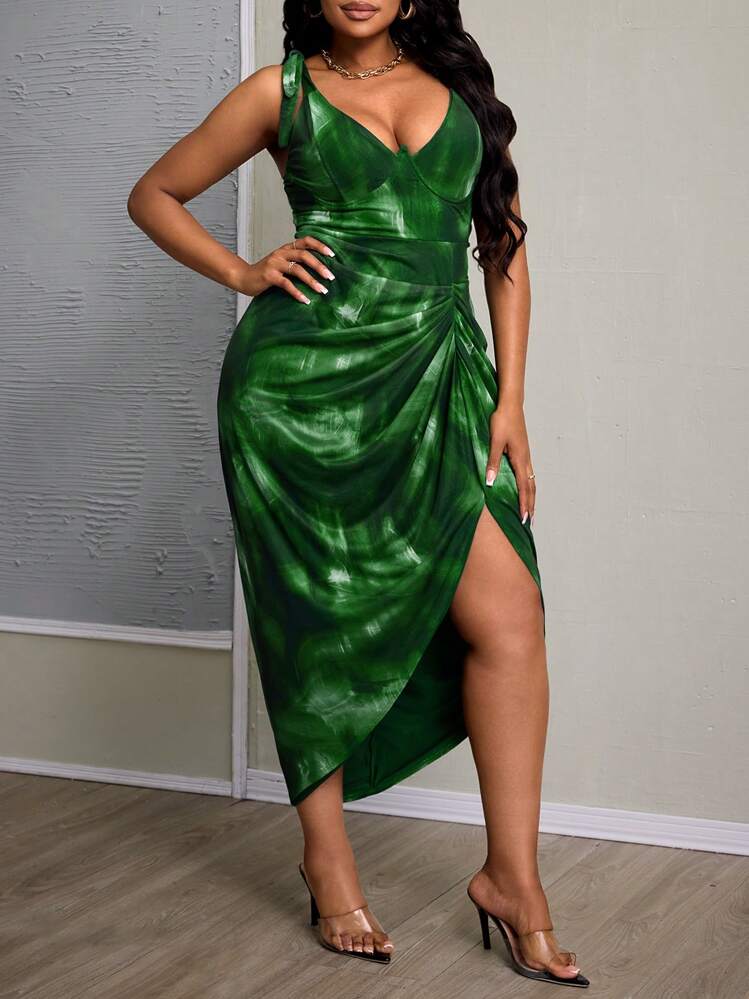 SHEIN Slayr Vestido midi de talla grande para mujer con cuello en V profundo, detalle de giro y estampado degradado en malla - Verde - Añade 1