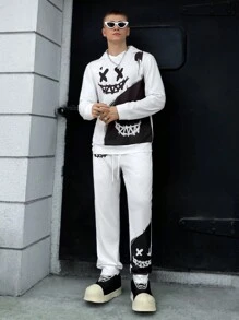 Manfinity VCAY Men's Knitted Fashion Casual Loose Long Sleeve Sweatshirt And Drawstring Waist Straight Leg Pants 2 Pieces Set, For Fall Winter - White - View 3
