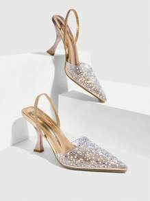 CUCCOO SZL Modne szpilki z paskiem ozdobionym kryształkami w kolorze szampana na imprezę, wesele, jesień, nowy rok - Szampan - Zobacz 6