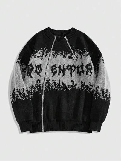 Street Life كنزة صوفية كاردجان مصنوعة من الياف بلوزة مافحة مع سوست معدنية ورقع من نسيج جاكار