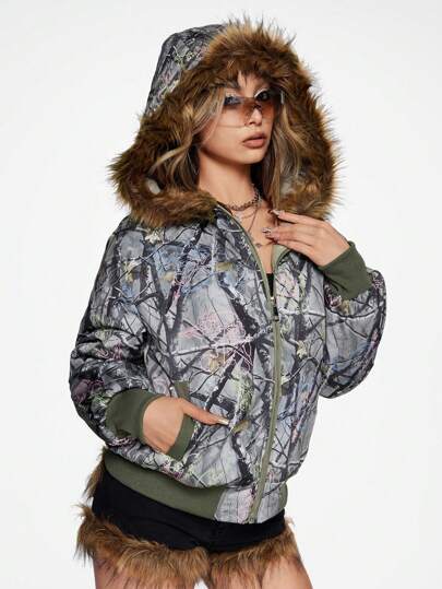 Cappotto imbottito di stile vintage Fairycore con stampa di rami spogli e foglie