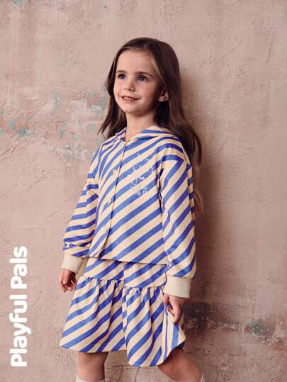 SHEIN 2 Pcs Young Girls Sets Colorful Striped Lion Embroidery Hooded Sweatshirt & Skirt Suits Cute/Retro/Casual/Outing Autumn/Winter/Spring Suitable For School And Outings