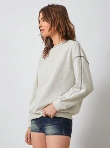 SHEIN EZwear 长袖明线落肩卫衣 - 淺灰色 - 查看 5