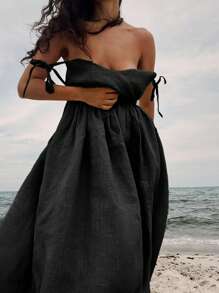 Đầm hai dây màu trơn hở lưng thanh lịch cổ chữ V - màu đen - Xem 1