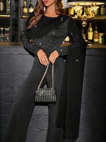 Chiquease Elegant Sequined Mesh Contrast Women's Jumpsuit, Slim Fit For Party Fall Cloth For Women - Black - View 6