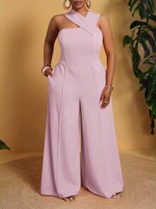 Slaydiva Plus Size Vacation Casual Solid Color Asymmetric Neck Wide Leg Jumpsuit - Purple - View 4