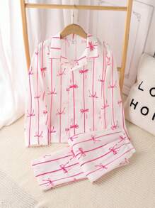 2 件套少女粉色简约时尚蝴蝶结和丝带图案长裤和长袖休闲舒适睡衣套装 - 粉色 - 查看 1