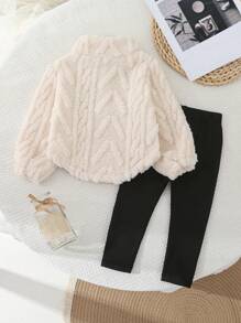 SHEIN Baby Girls Plush Zip-Up Top With Embroidery Pants Set, Thicker Fabric For Autumn/Winter, Suitable For Outdoor Activities And Casual Wear