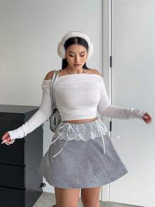 Flirla Plus Size Effen Kleur Schattig Casual School Stijl Veelzijdig Los Elastische Taille Patchwork Kant Inzet Strik Accent A-Lijn Rok, Lente/Herfst