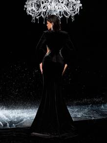 Glamrae Elegant Black Velvet Long Sleeve Luxury Rhinestone Contrast Side High Slit Fish Tail Luxury Evening Gown, Wedding Guest Dress, Party Dress, Formal Dress