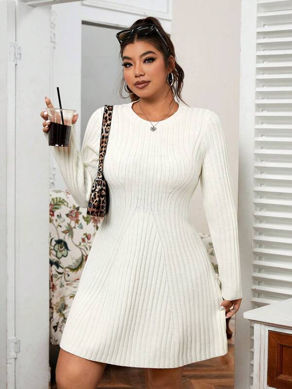 SHEIN EZwear Plus Size White A-Line Fitted Sweater Dress, Autumn/Winter