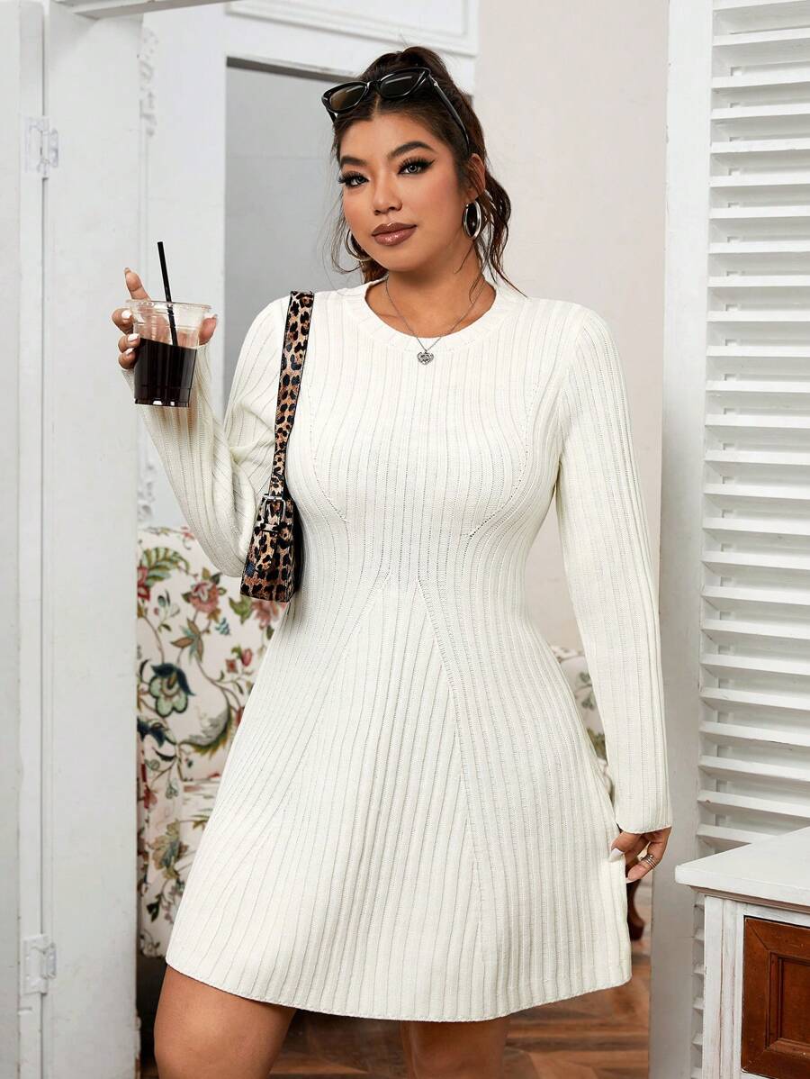 SHEIN EZwear Váy len bó dáng chữ A màu trắng cỡ lớn, mùa thu/đông - Màu be - Xem 1