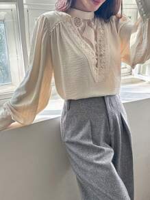 DAZY 1pc Women's Solid Color Loose Contrast Lace Stand Collar Long Sleeve Shirt,Fall Clothes - Apricot - View 3