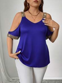 Damen Große Größen Sommer Lässig T-Shirt mit freien Schultern und kurzen Ärmeln mit Webstoff Damen Oberteil