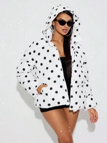SHEIN SXY Women's Polka Dot Print Pocket Lined Padded Coat, Winter; Casual Daily Winter Thickened Warm Jacket Hollow Clothing Thanksgiving Women's Winter Clothing Winter Women's Jacket Winter Women's Coat, Light And Casual