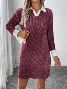 SHEIN LUNE 2024 Autumn/Winter Women Striped Polo Collar Split Knitted Straight Casual Dress Fall Cloth For Women - Burgundy - View 1