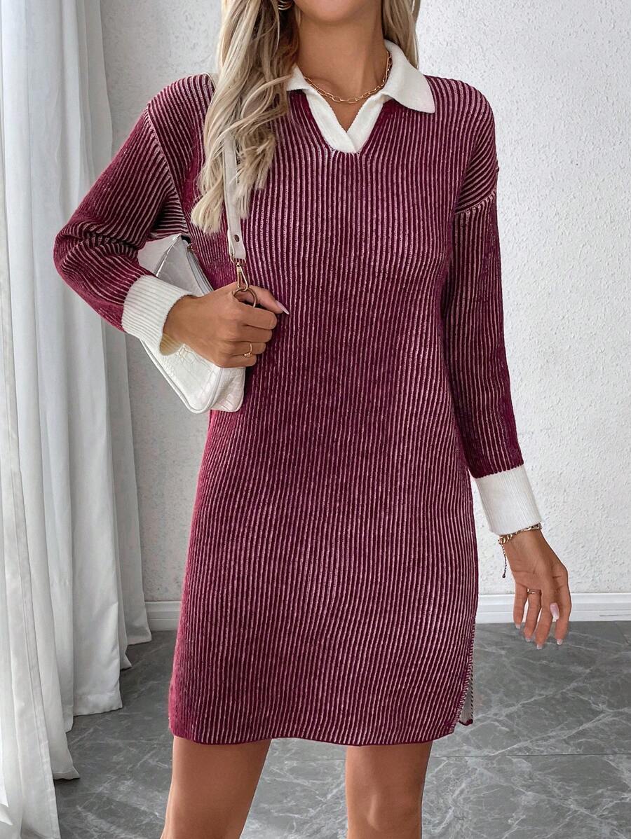 SHEIN LUNE 2024 Autumn/Winter Women Striped Polo Collar Split Knitted Straight Casual Dress Fall Cloth For Women - Burgundy - View 1