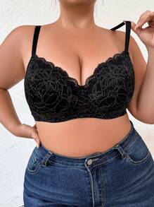 Plus Size Women's Lace & Underwire Lingerie Bra Single Pack - Black - View 3