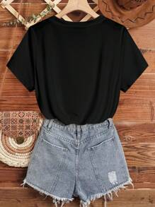 EMERY ROSE Cute Panda Print,Women's Top, Graphic Print Crew Neck T-Shirt With Pockets Graphic Tees Women Tops - Black - View 2