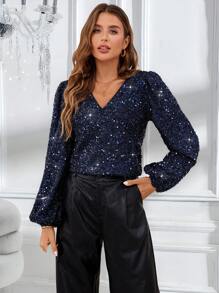 SHEIN Essnce Party Sequin Women's V Neck Blue Sequin Patchwork Long Sleeve Shirt - Royal Blue - View 5