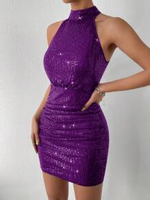 Allurite Halter Neck Sequin Bodycon Dress For Holiday Party Clothes - Purple - View 4