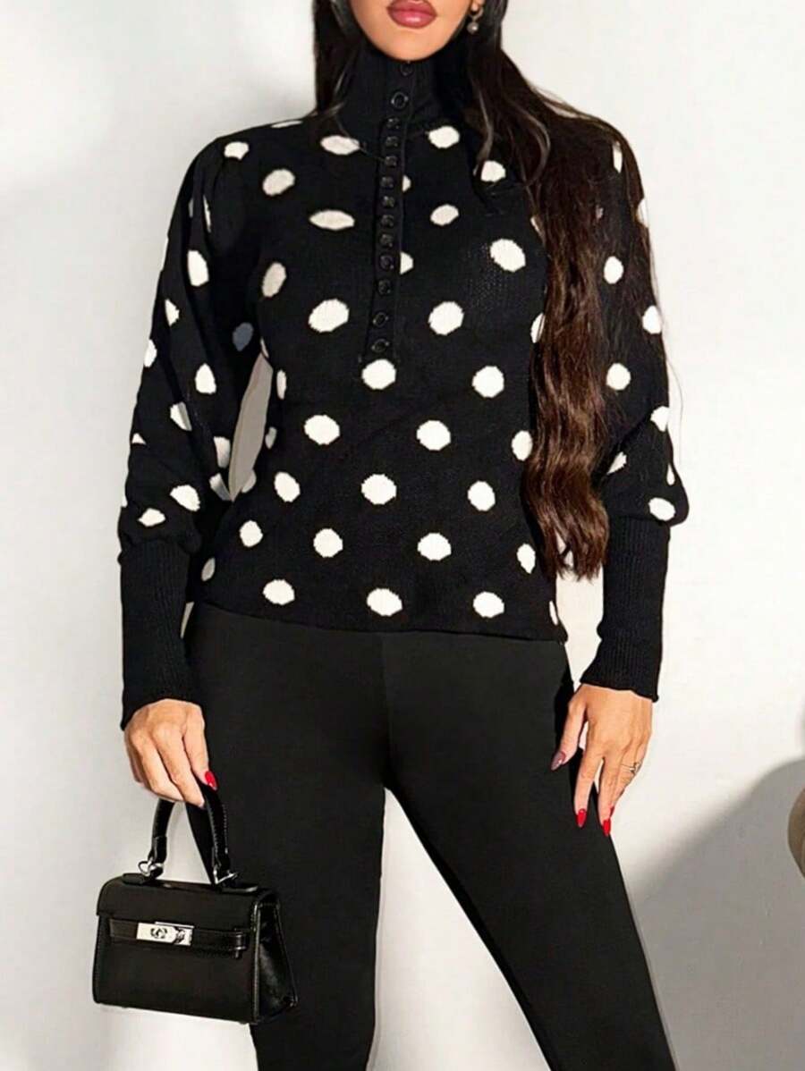 Zolique Women Polka Dot Button Turtleneck Long Sleeve Knit Sweater Top, Fitted Design For Elegant Gatherings, Suitable For Autumn/Winter Knit Pullover Fall - Black and White - View 1