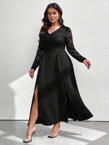 SHEIN Clasi Plus Size Solid Color Lace Splicing Side Slit Maxi Fitted Dress - Black - View 4